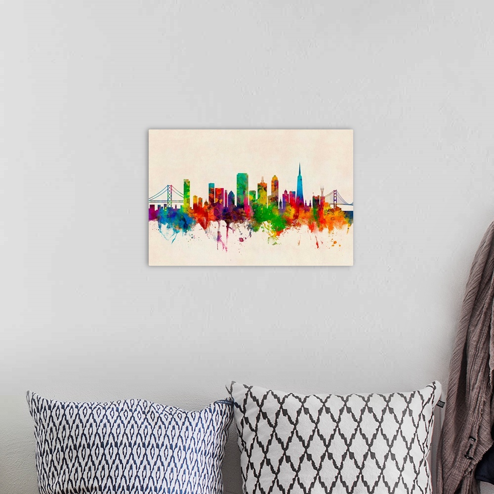 A bohemian room featuring Watercolor art print of the skyline of San Francisco, California, United States.