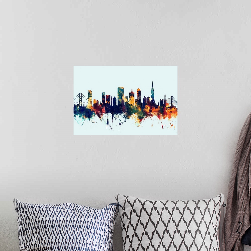 A bohemian room featuring Watercolor art print of the skyline of San Francisco, California, United States.