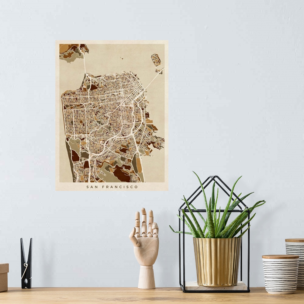 A bohemian room featuring Contemporary artwork of a map of the city streets of San Francisco in dark brown tones.
