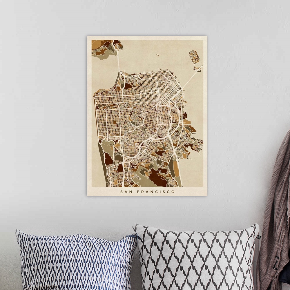 A bohemian room featuring Contemporary artwork of a map of the city streets of San Francisco in dark brown tones.