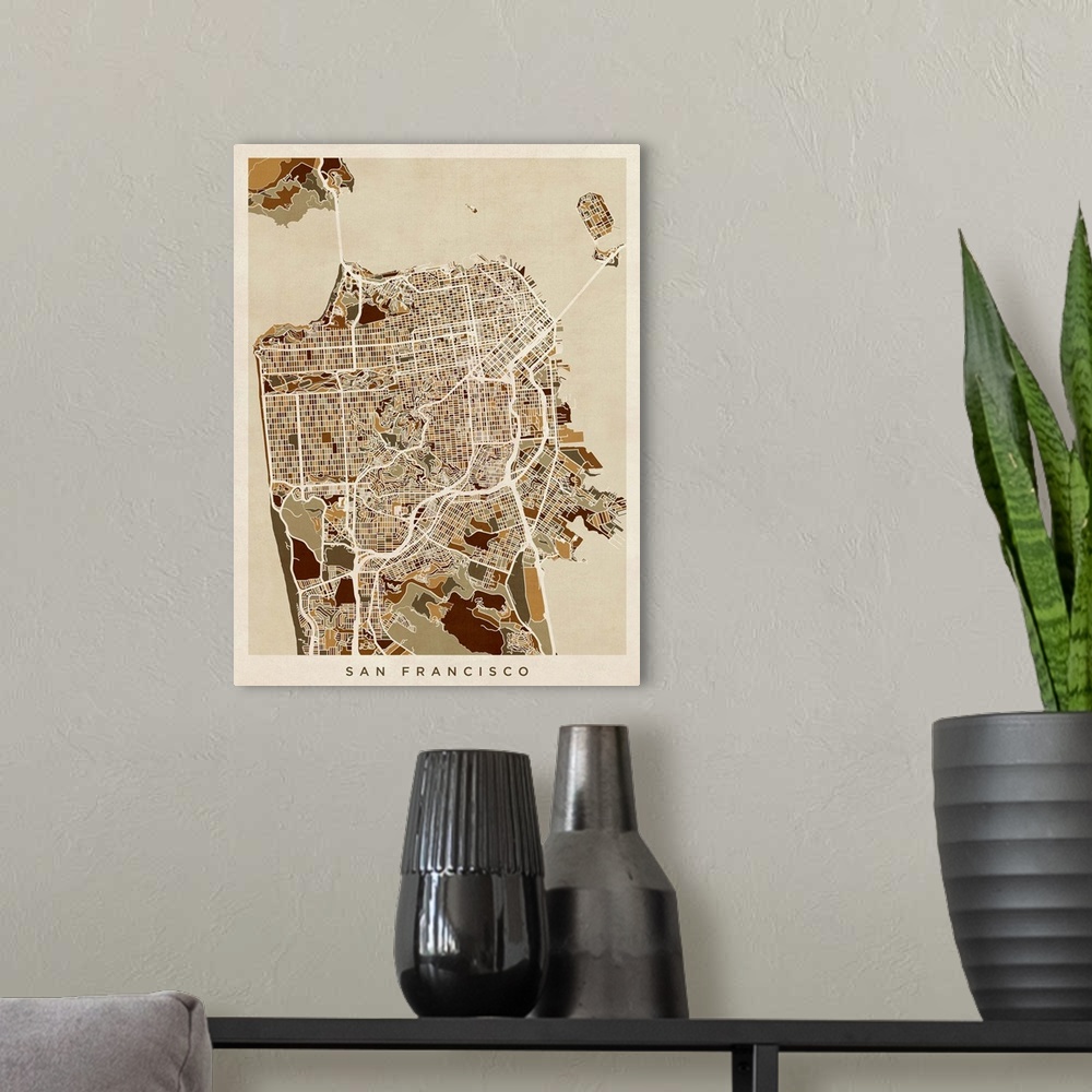 A modern room featuring Contemporary artwork of a map of the city streets of San Francisco in dark brown tones.