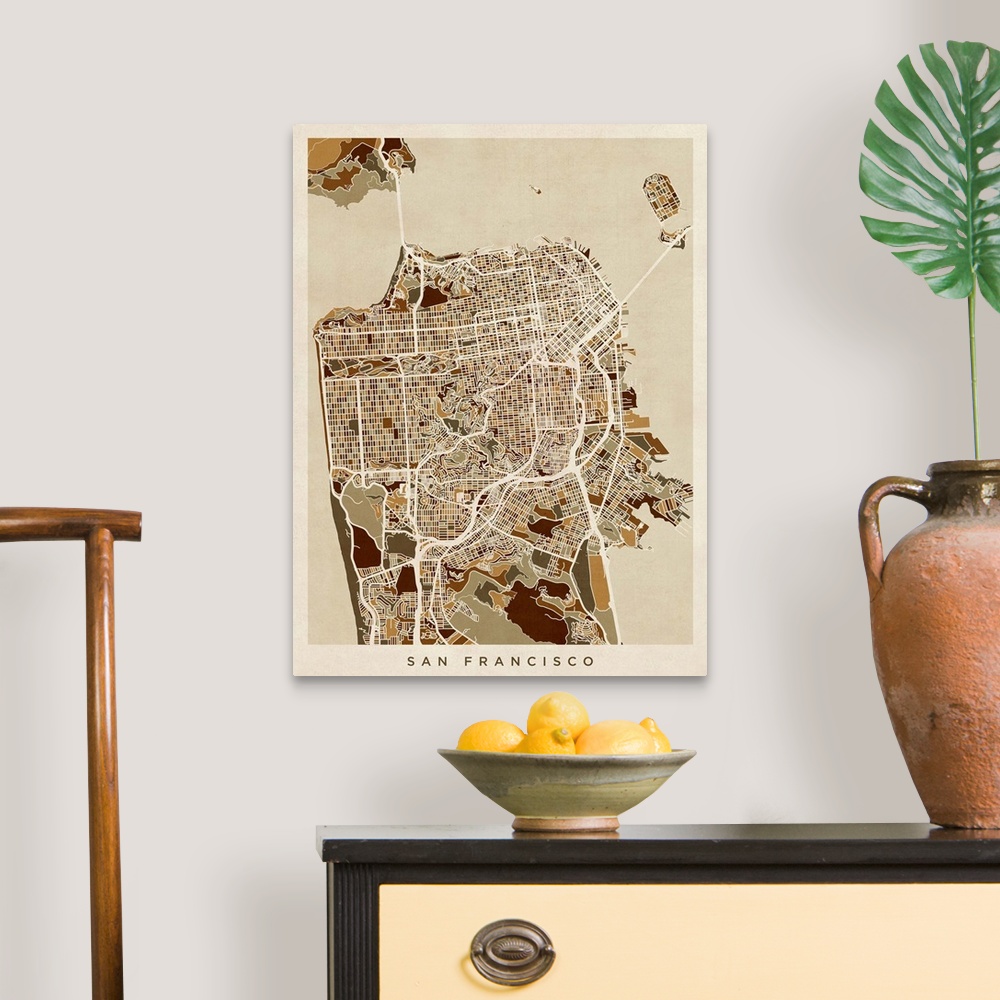 A traditional room featuring Contemporary artwork of a map of the city streets of San Francisco in dark brown tones.