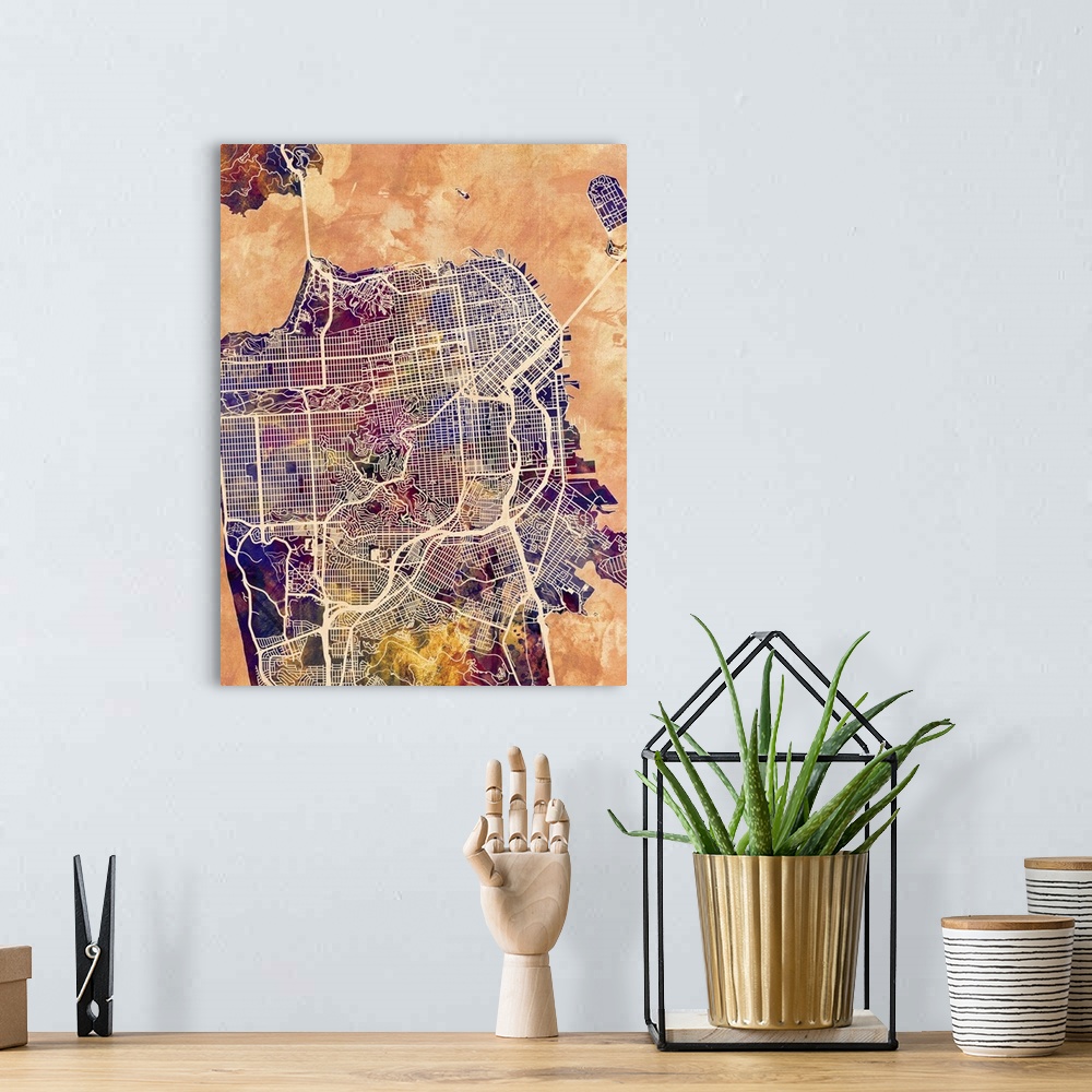 A bohemian room featuring Contemporary colorful city street map of San Francisco.
