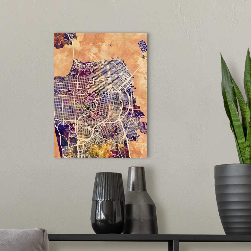 A modern room featuring Contemporary colorful city street map of San Francisco.