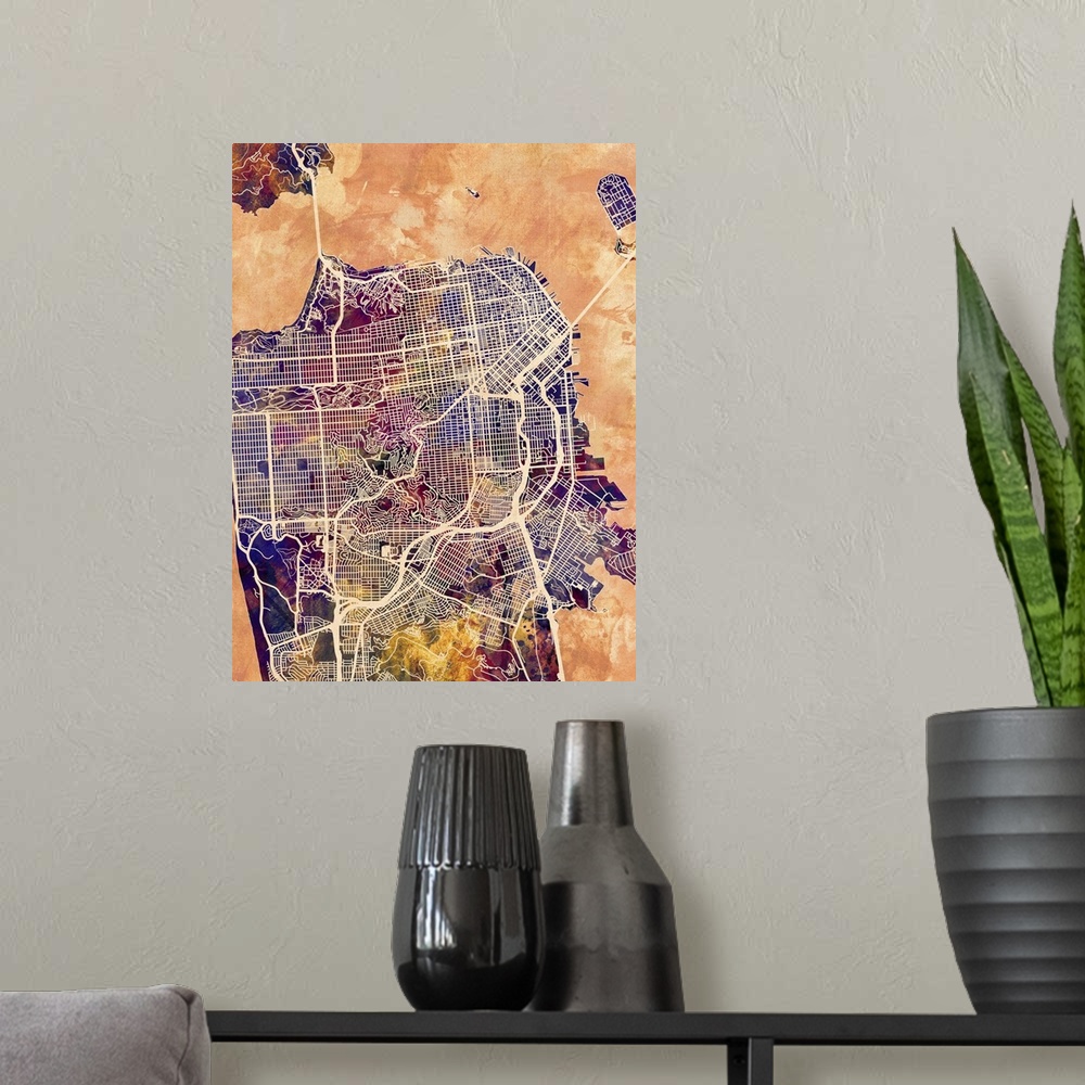 A modern room featuring Contemporary colorful city street map of San Francisco.