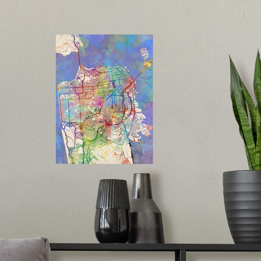 A modern room featuring Contemporary watercolor city street map of San Francisco.