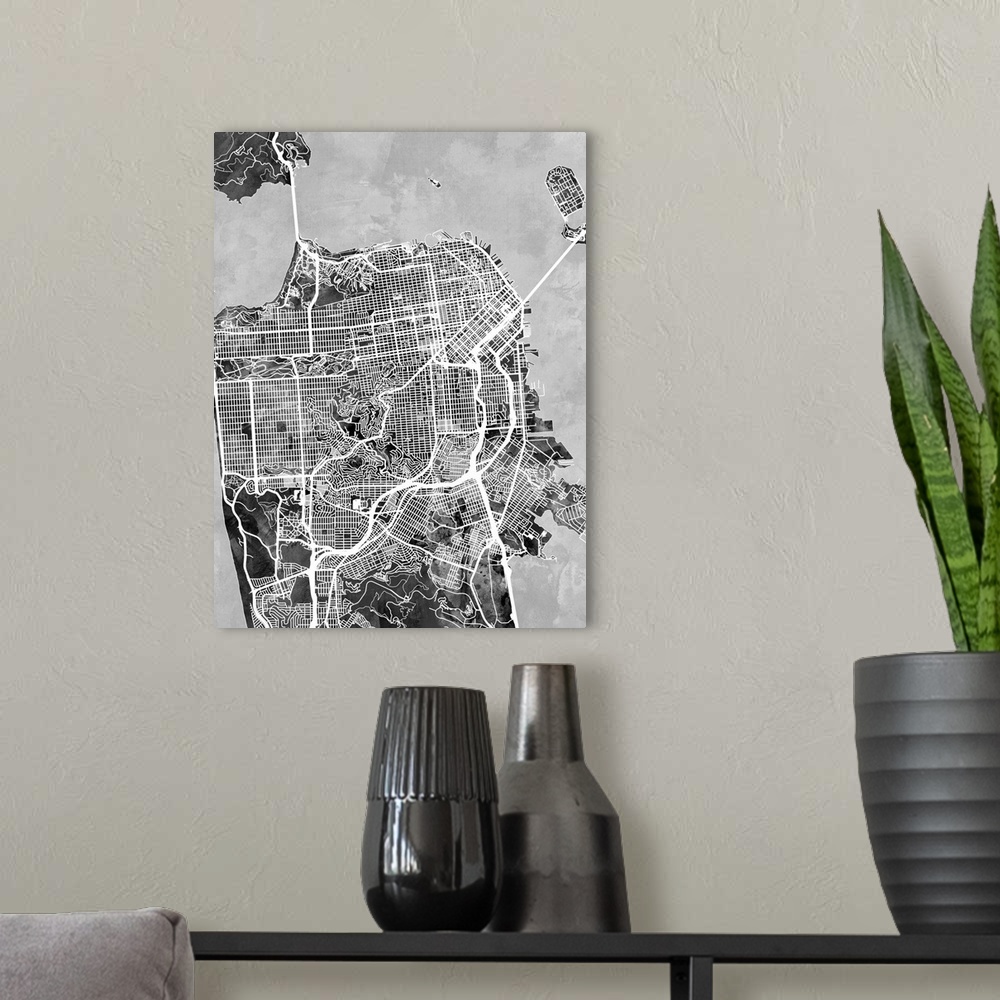 A modern room featuring A street map of San Francisco, California, United States.