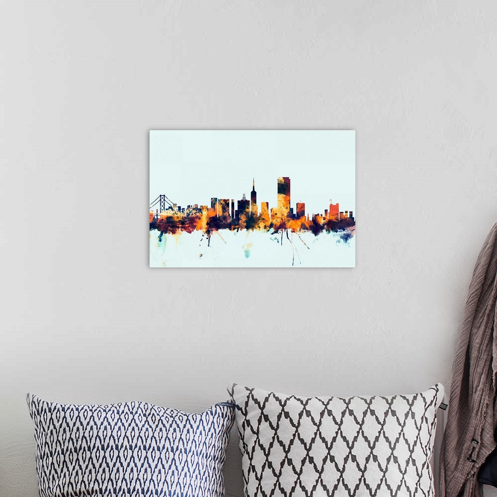A bohemian room featuring Dark watercolor silhouette of the San Francisco city skyline against a light blue background.