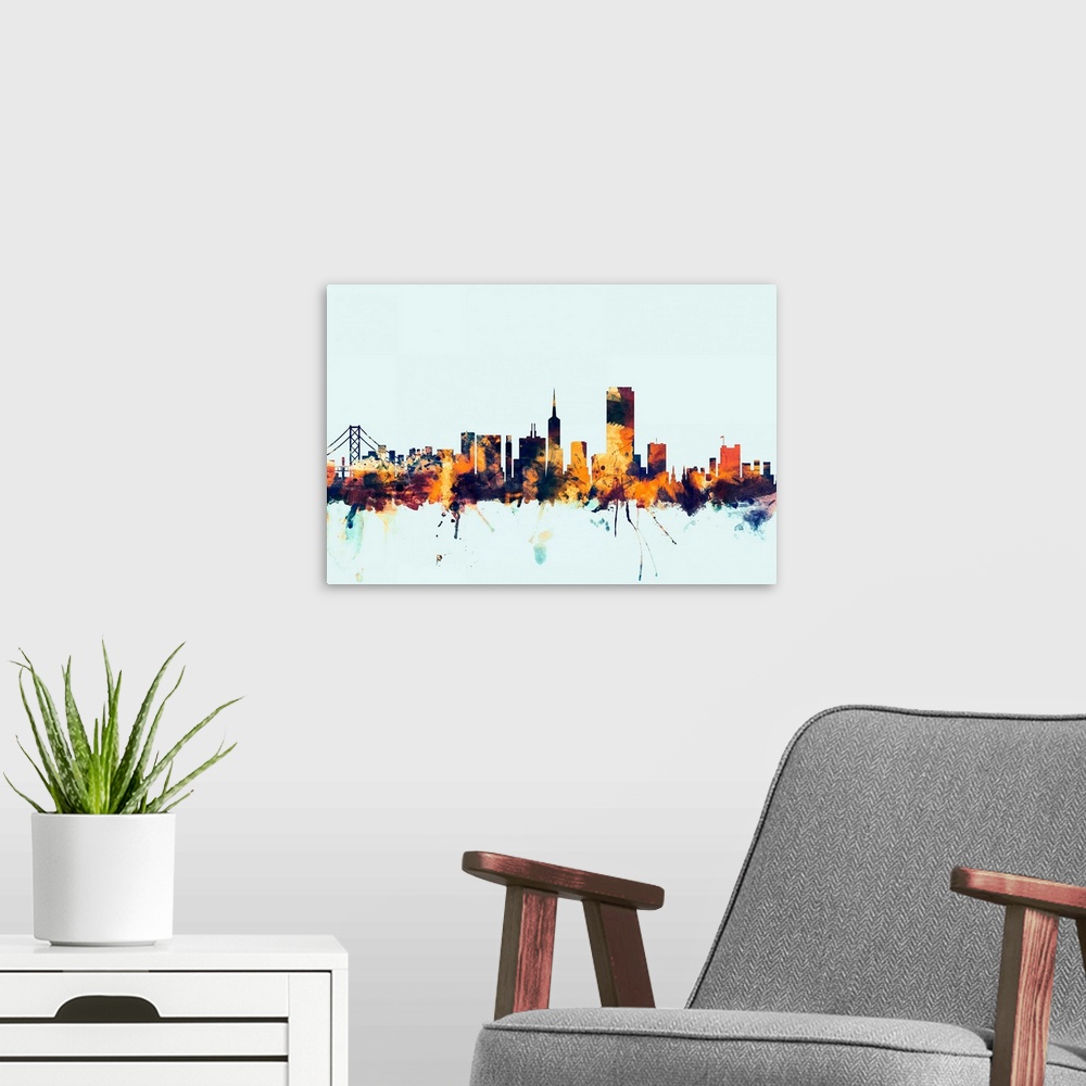 A modern room featuring Dark watercolor silhouette of the San Francisco city skyline against a light blue background.
