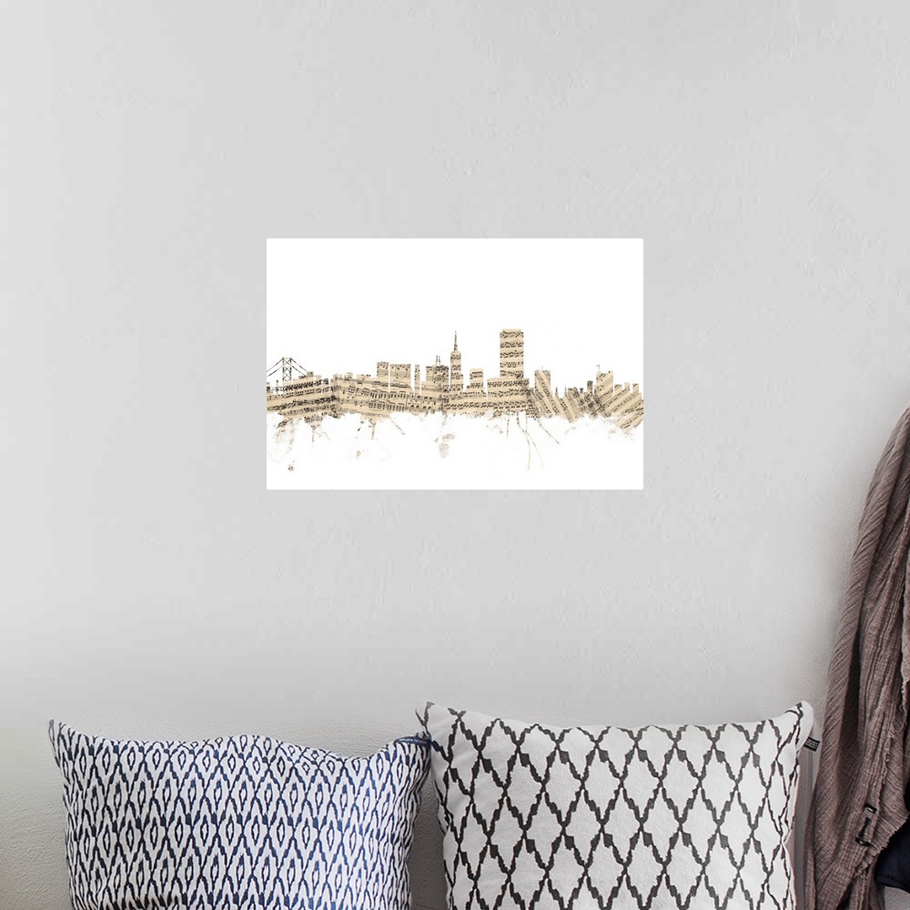 A bohemian room featuring San Francisco skyline made of sheet music against a white background.