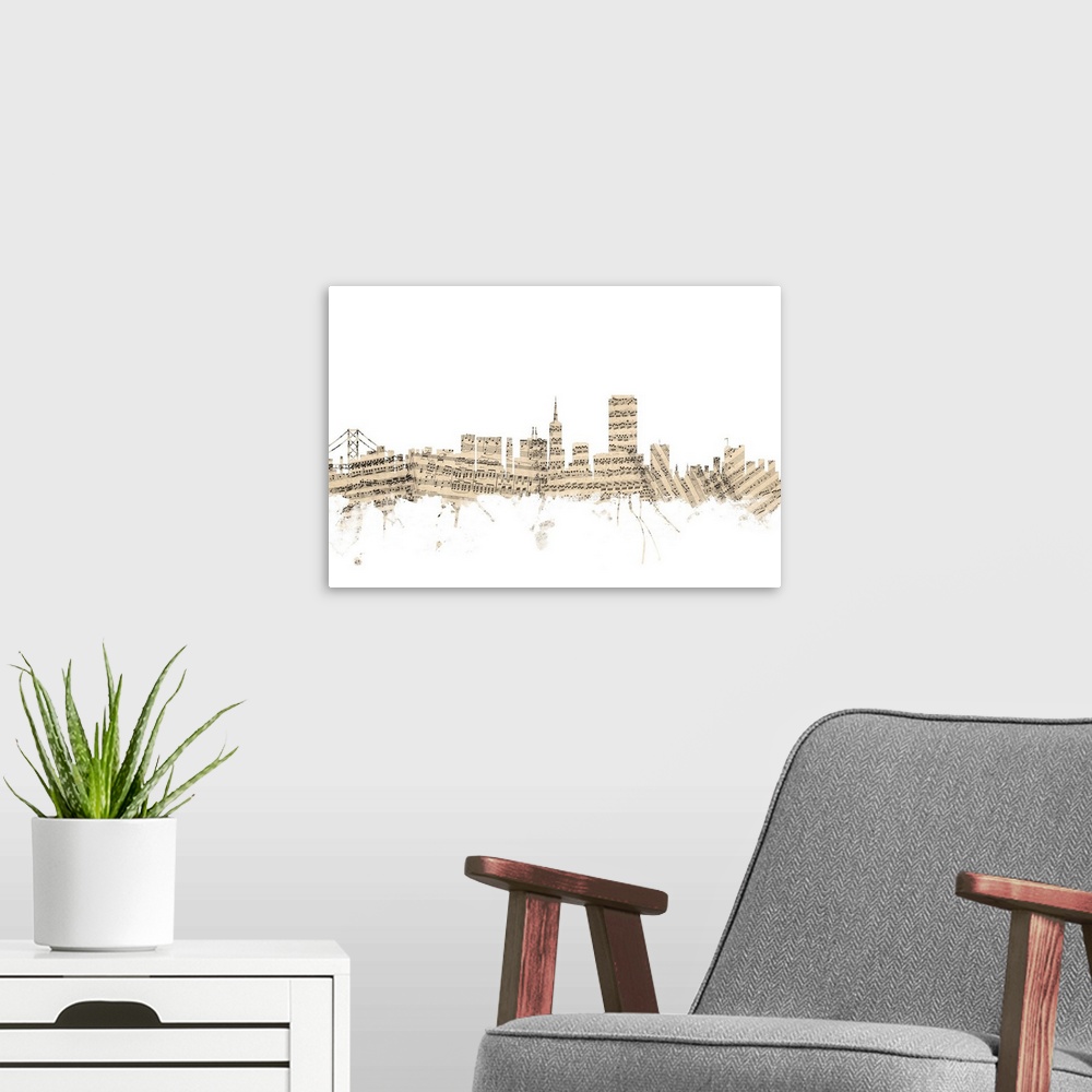 A modern room featuring San Francisco skyline made of sheet music against a white background.