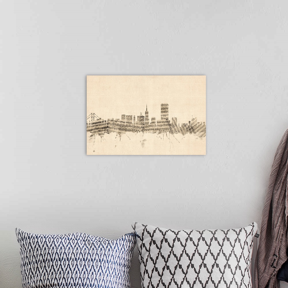 A bohemian room featuring San Francisco skyline made of sheet music against a weathered beige background.