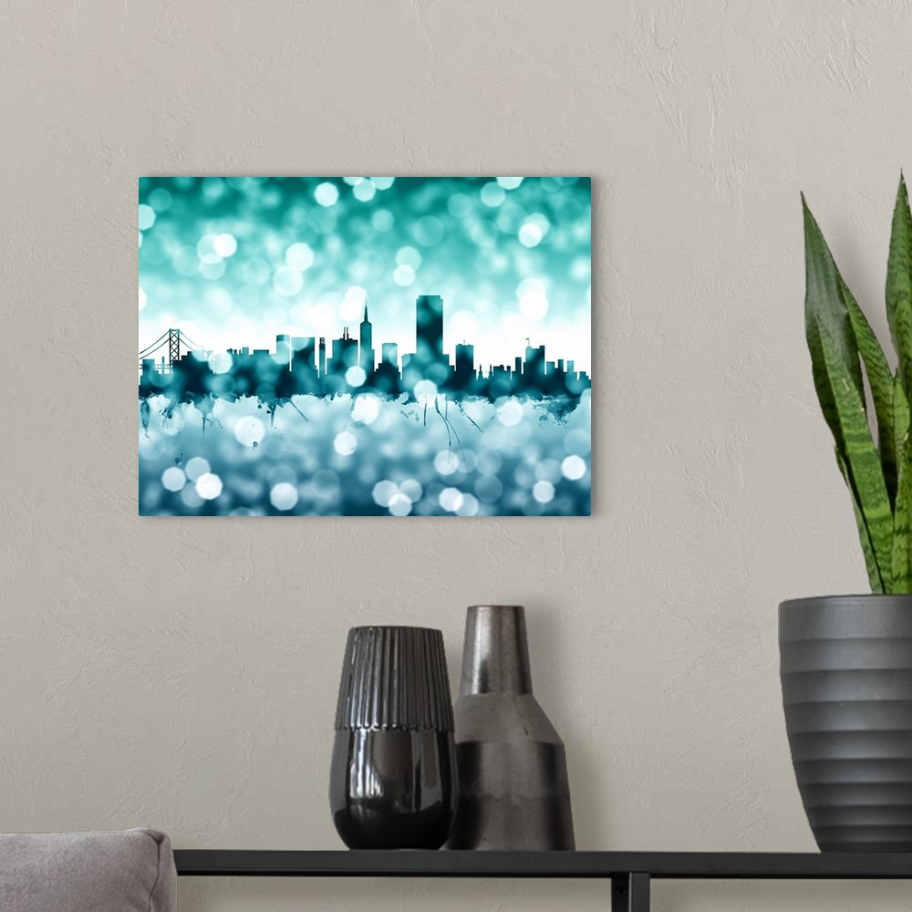 A modern room featuring Watercolor art print of the skyline of San Francisco, California, United States.