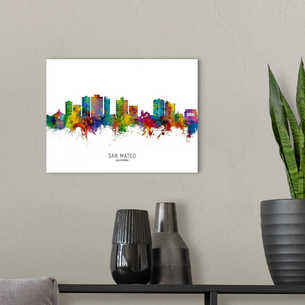 A modern room featuring Watercolor art print of the skyline of San Mateo, California, United States