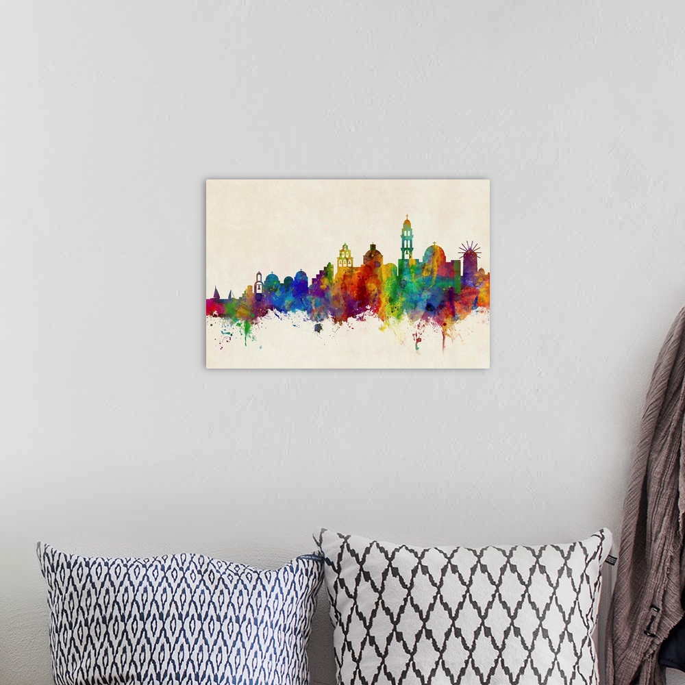 A bohemian room featuring Watercolor art print of the skyline of Santorini