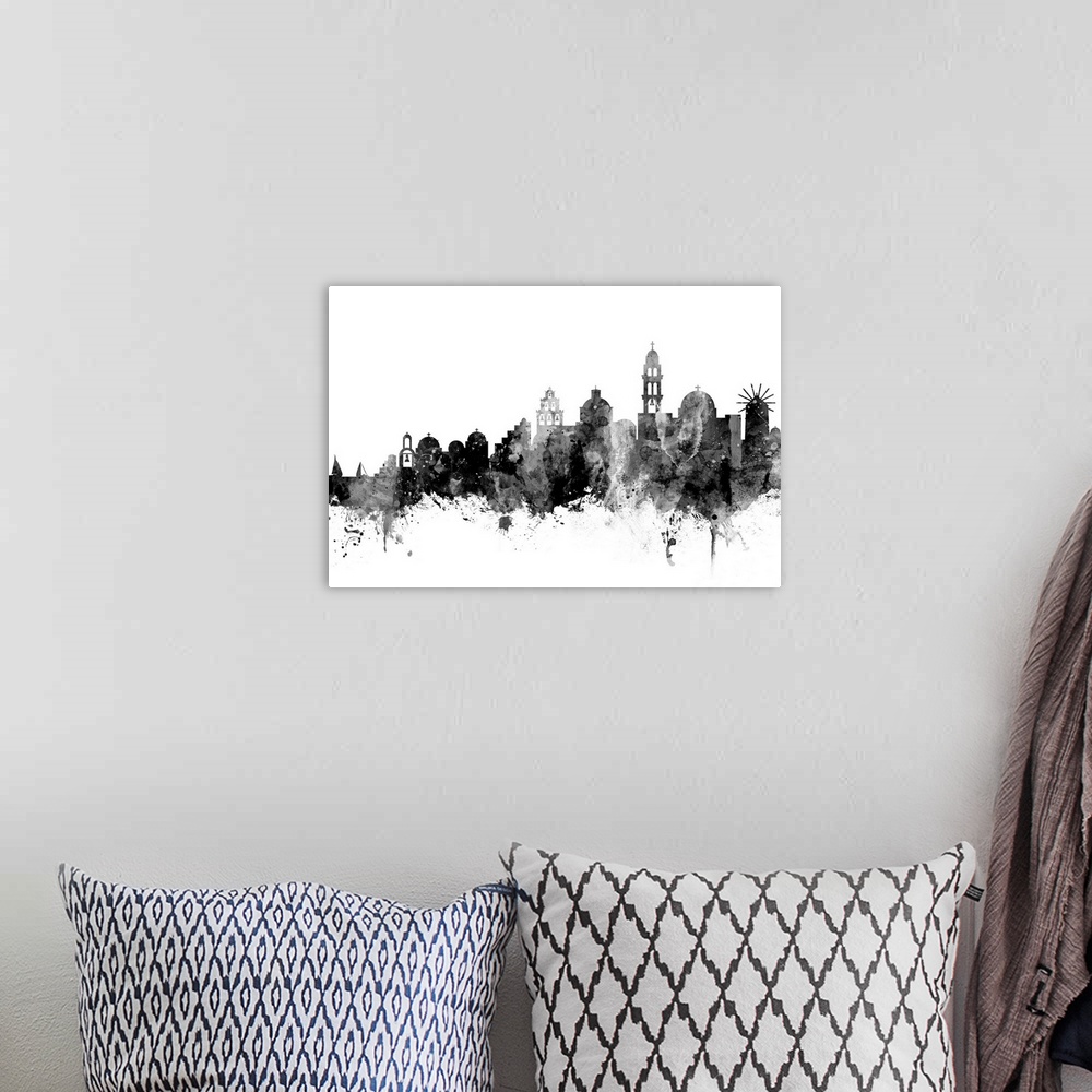 A bohemian room featuring Watercolor art print of the skyline of Santorini