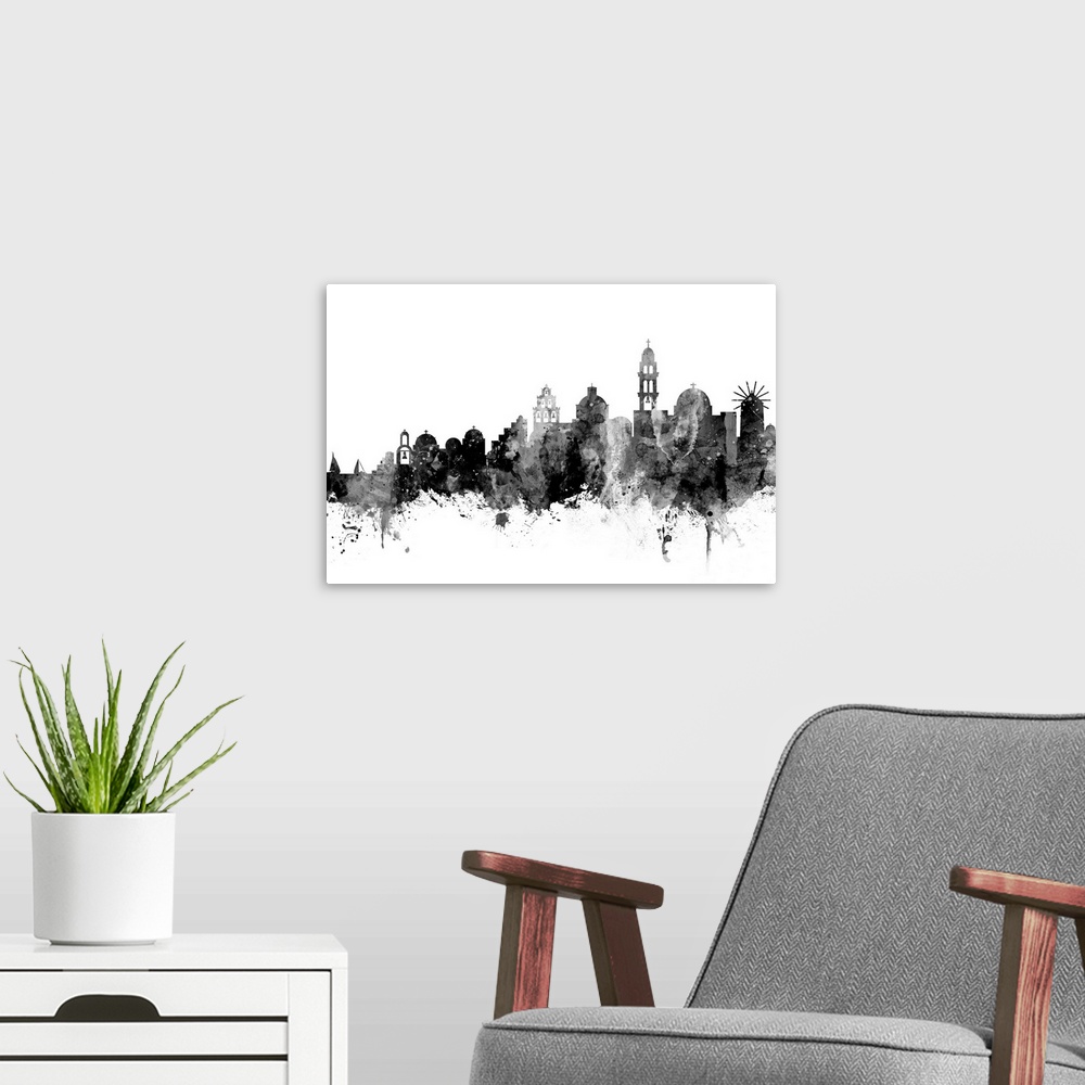 A modern room featuring Watercolor art print of the skyline of Santorini