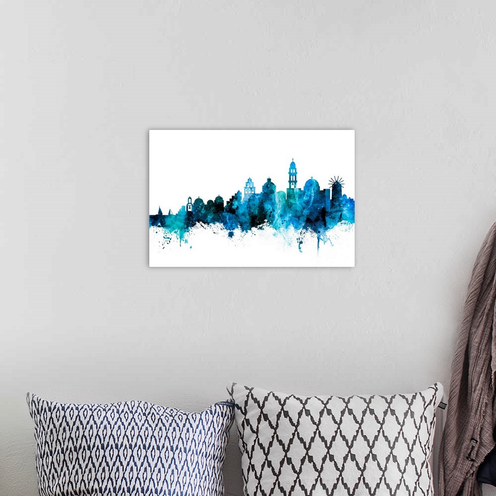 A bohemian room featuring Watercolor art print of the skyline of Santorini.
