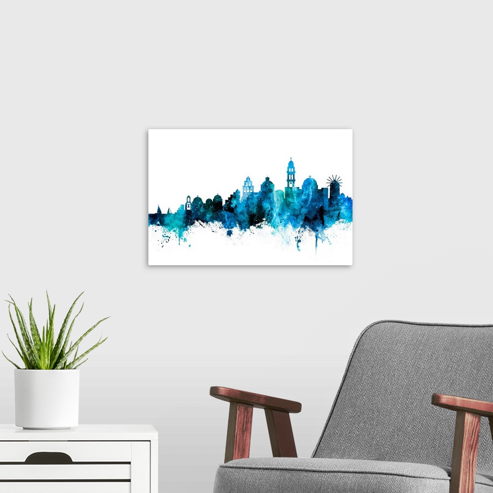 A modern room featuring Watercolor art print of the skyline of Santorini.