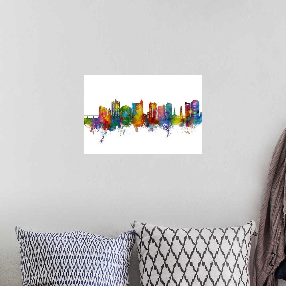 A bohemian room featuring Watercolor art print of the skyline of Sarasota, Florida, United States