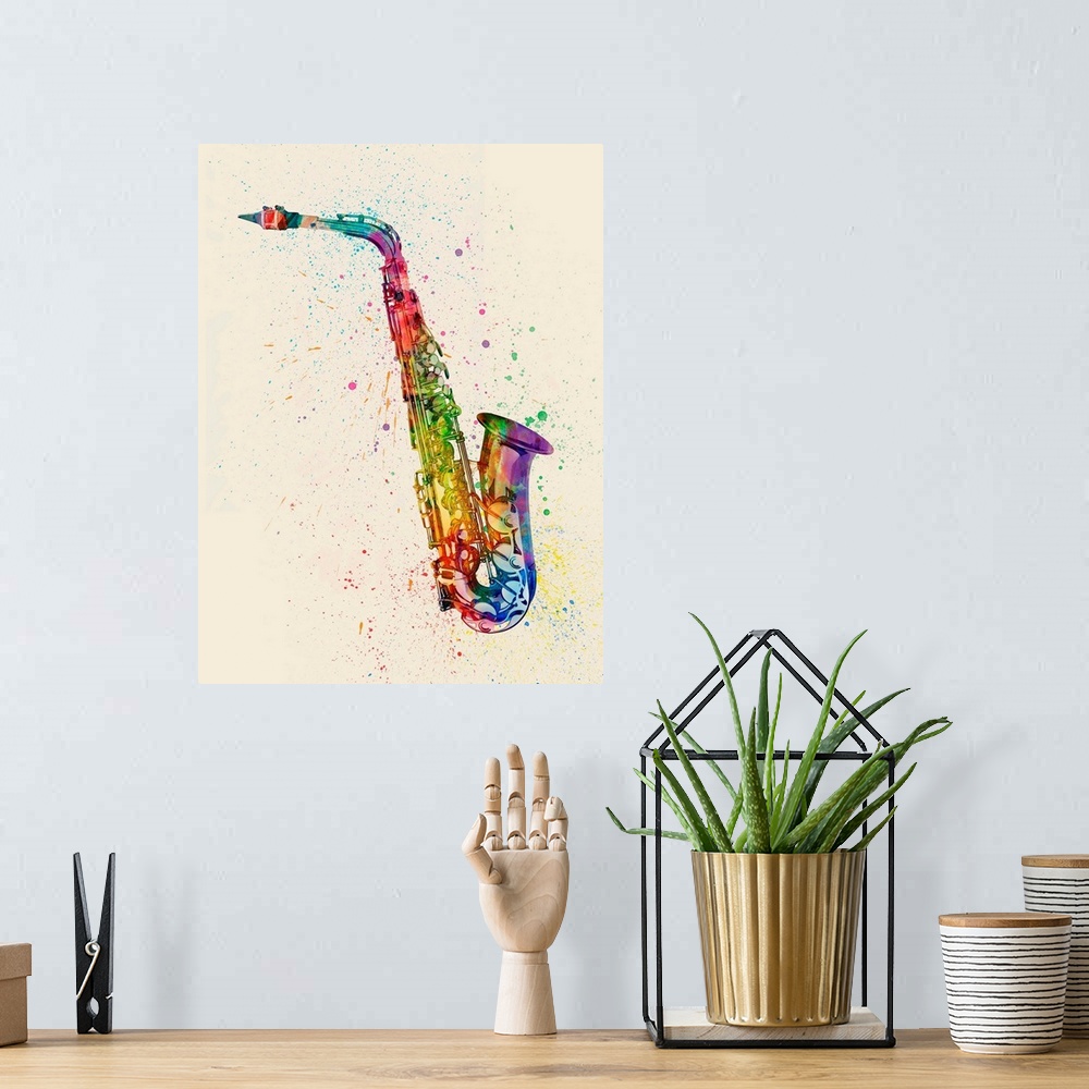 A bohemian room featuring Contemporary artwork of a saxophone with bright colorful watercolor paint splatter all over it.