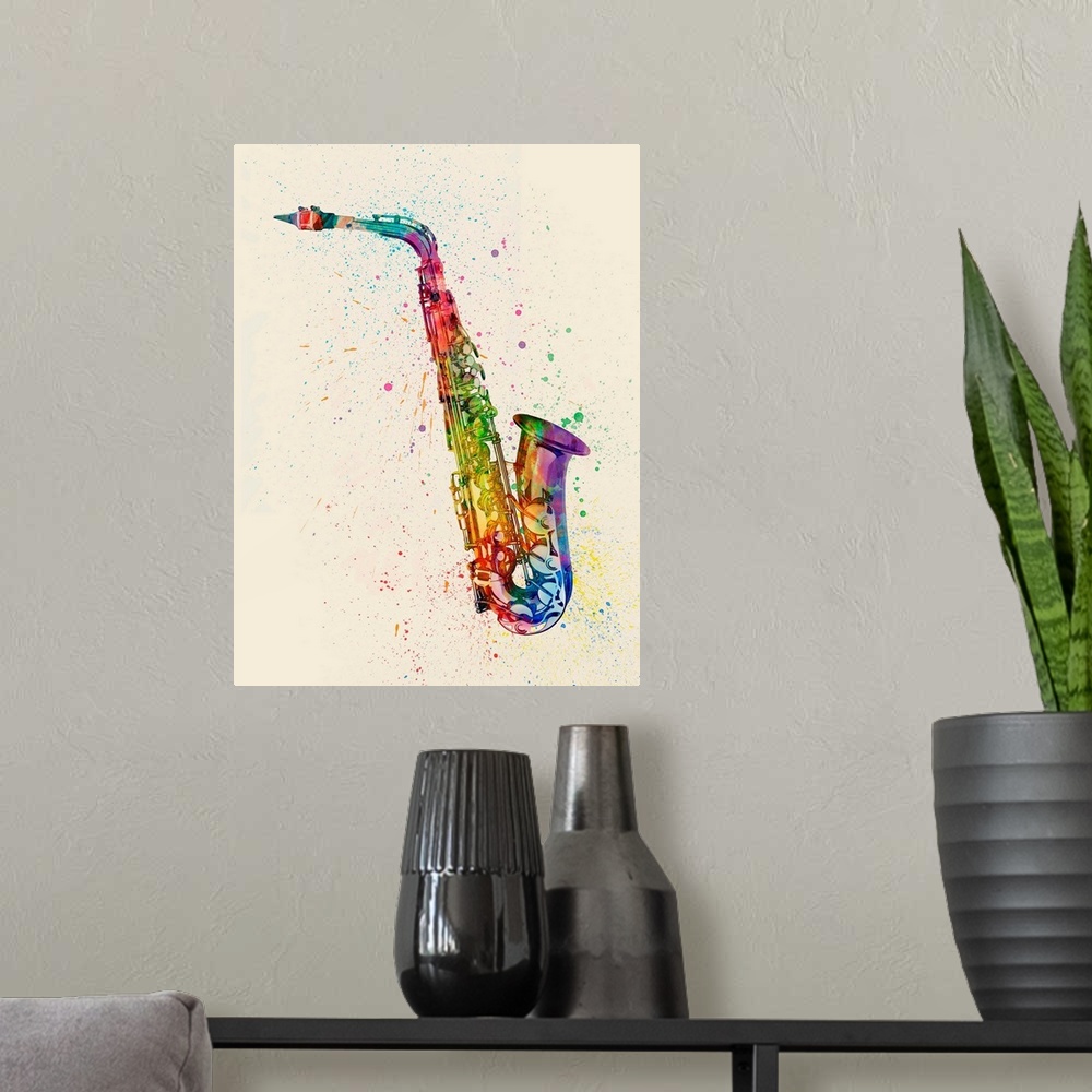 A modern room featuring Contemporary artwork of a saxophone with bright colorful watercolor paint splatter all over it.