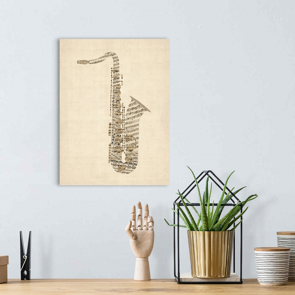 A bohemian room featuring Saxophone created from a collage of old sheet music on a vintage background