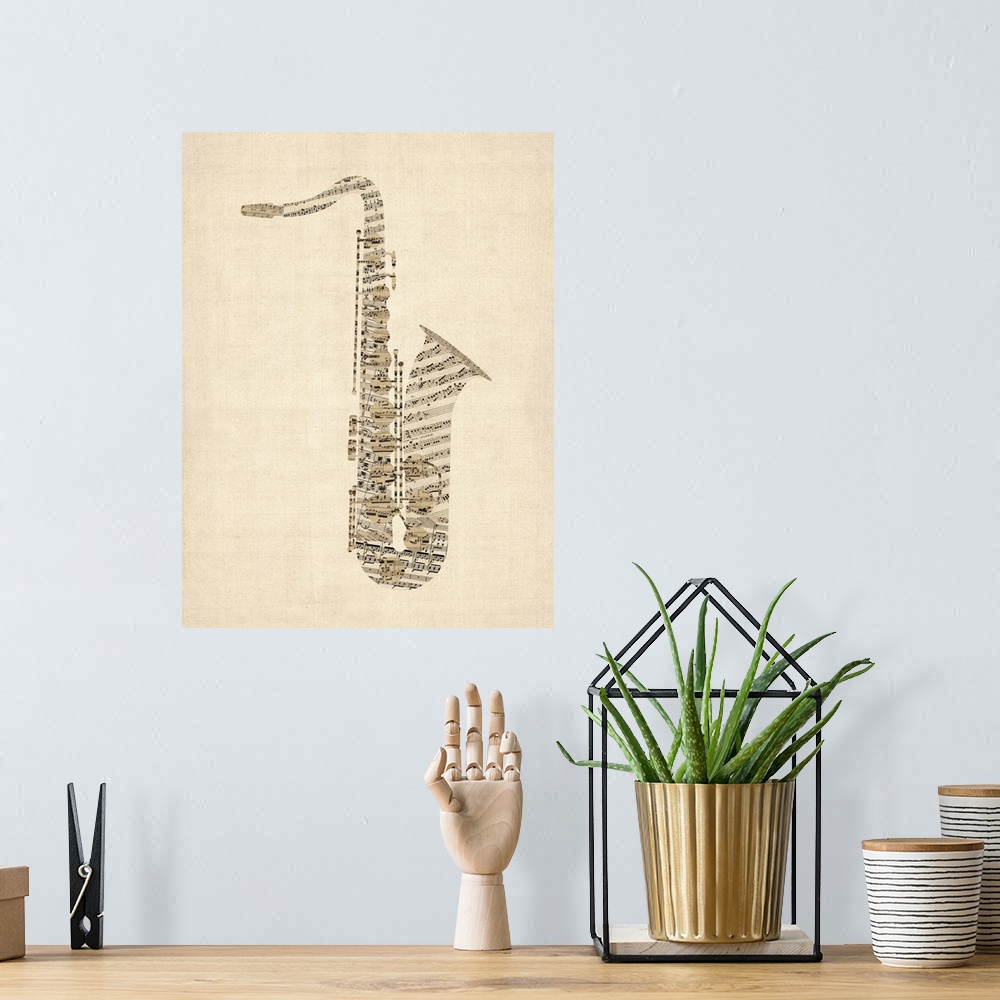A bohemian room featuring Saxophone created from a collage of old sheet music on a vintage background