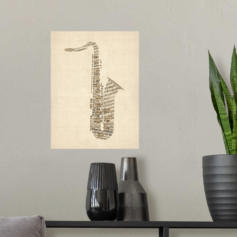 A modern room featuring Saxophone created from a collage of old sheet music on a vintage background