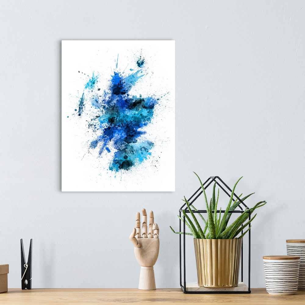 A bohemian room featuring Contemporary art map of Scotland made up of blue watercolor paint splashes.