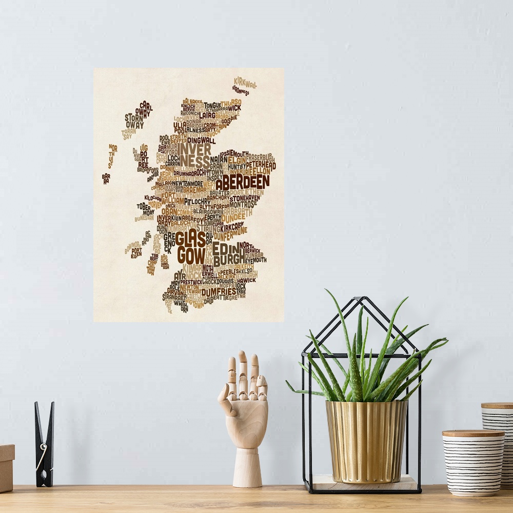 A bohemian room featuring Contemporary typography art map of Scotland.