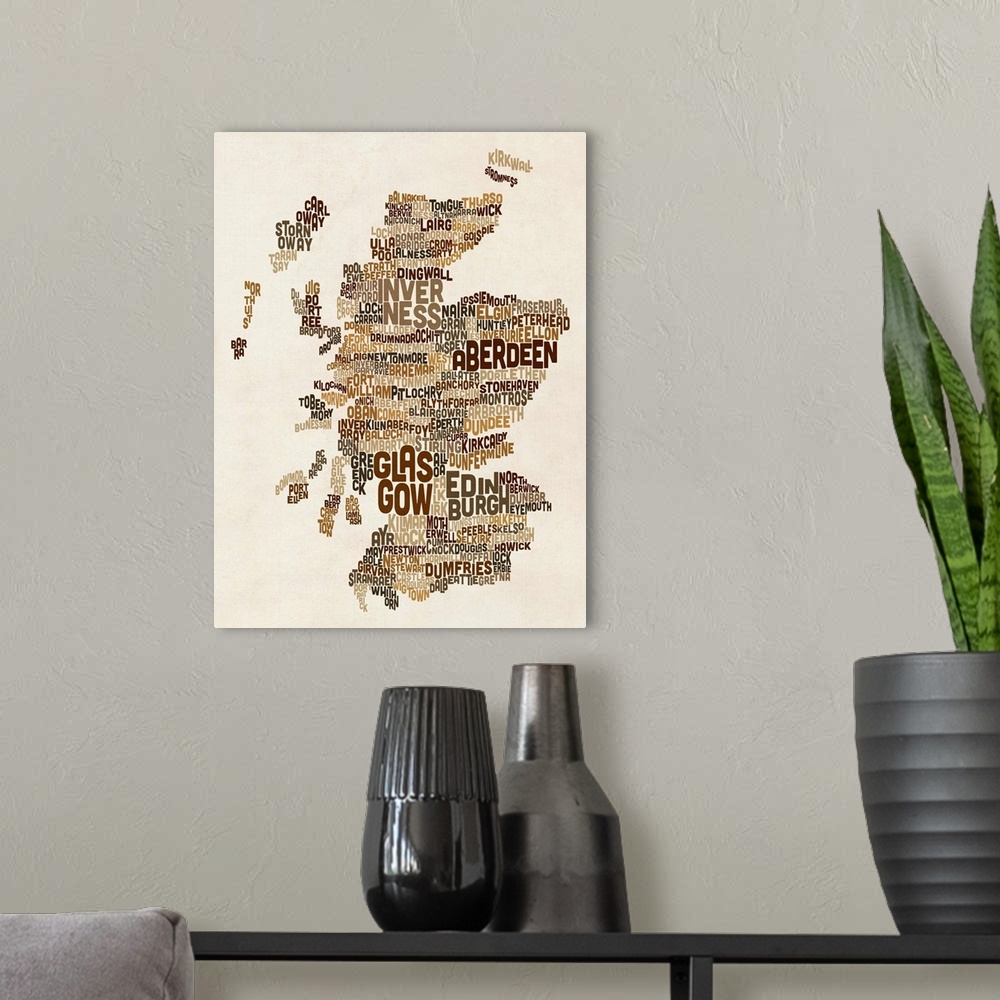 A modern room featuring Contemporary typography art map of Scotland.