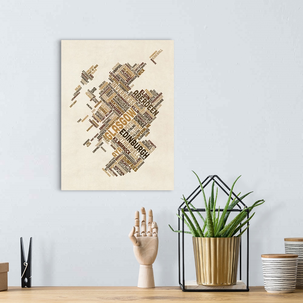 A bohemian room featuring Contemporary typography art map of Scotland.