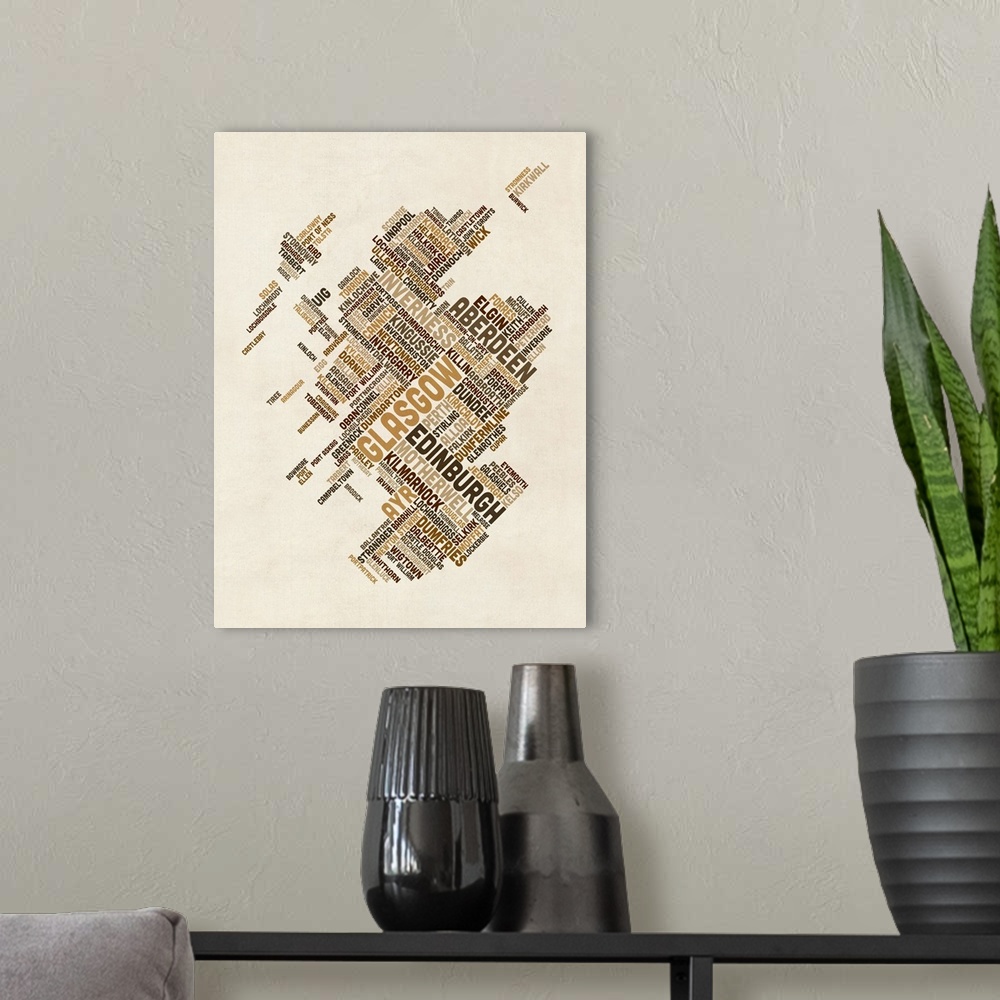 A modern room featuring Contemporary typography art map of Scotland.