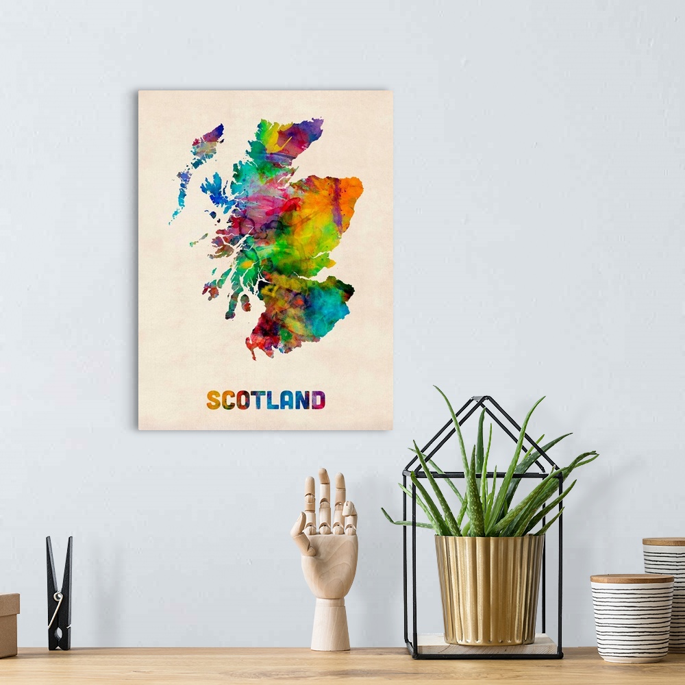 A bohemian room featuring Scotland Watercolor Map