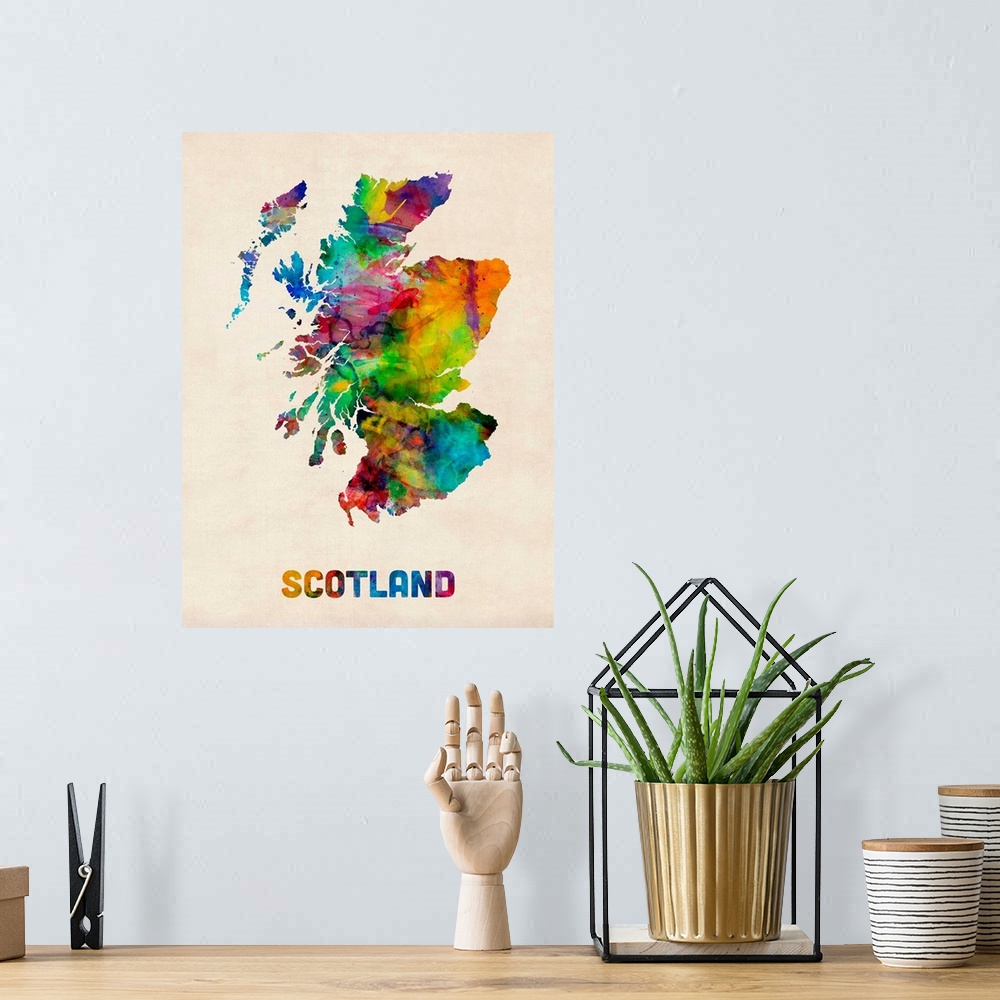 A bohemian room featuring Scotland Watercolor Map