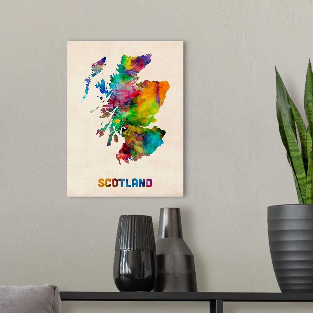 A modern room featuring Scotland Watercolor Map