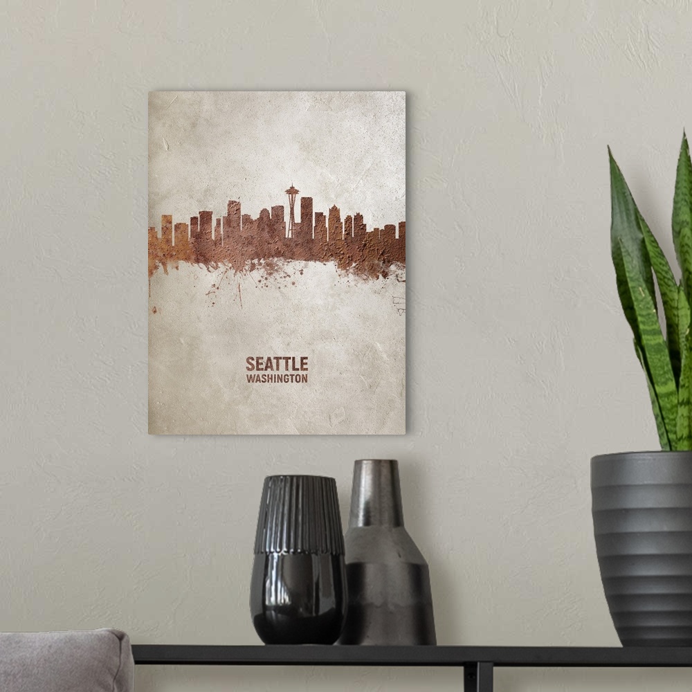 A modern room featuring Art print of the skyline of Seattle, Washington, United States. Rust on concrete.