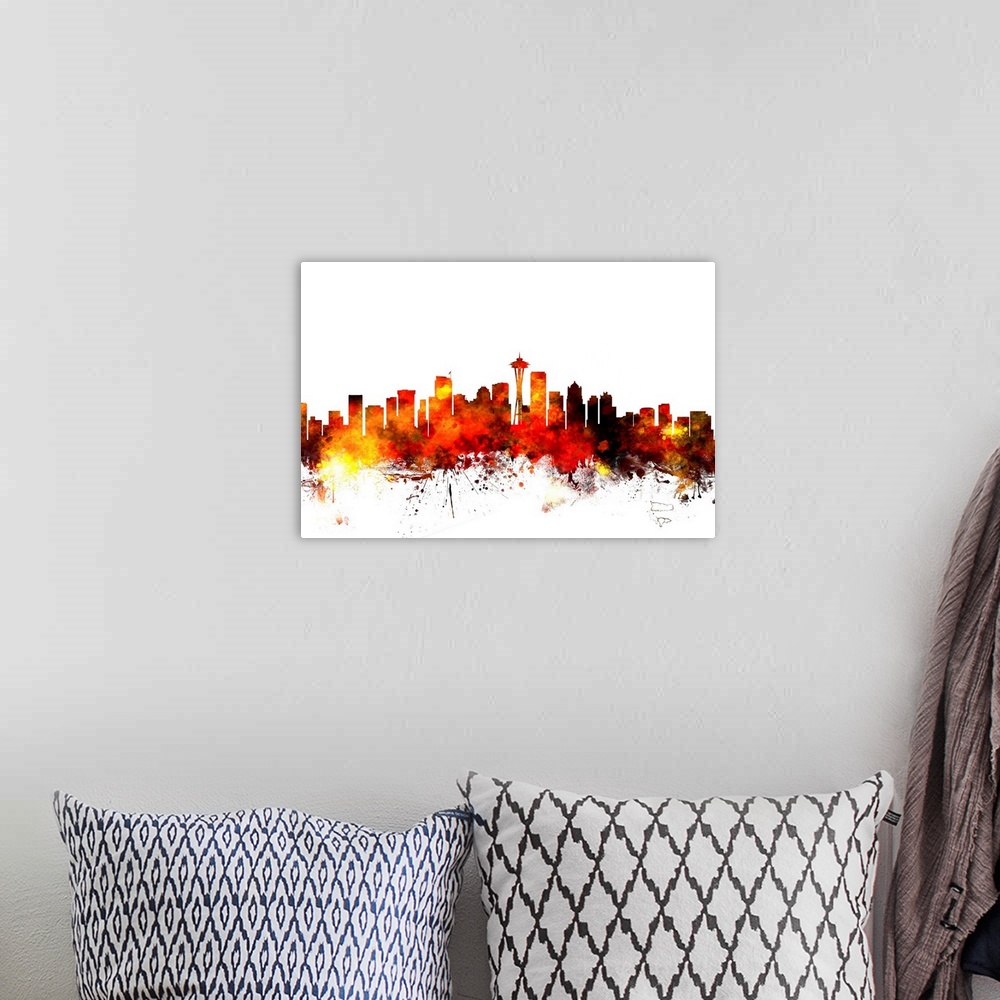 A bohemian room featuring Contemporary piece of artwork of the Seattle skyline made of colorful paint splashes.