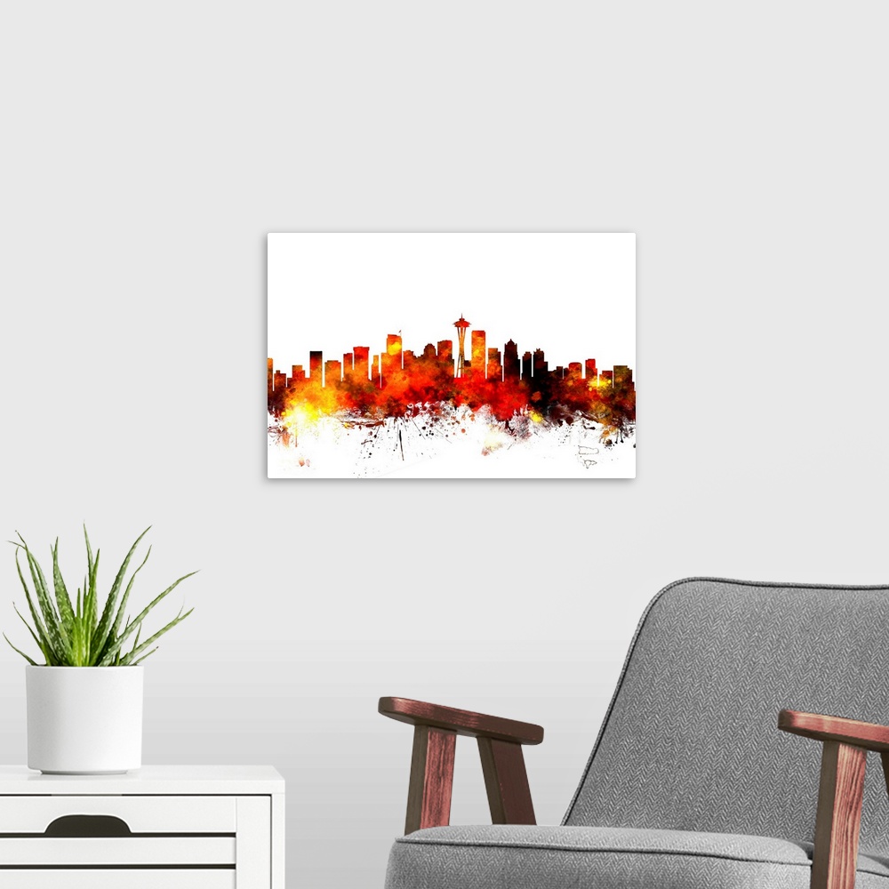 A modern room featuring Contemporary piece of artwork of the Seattle skyline made of colorful paint splashes.