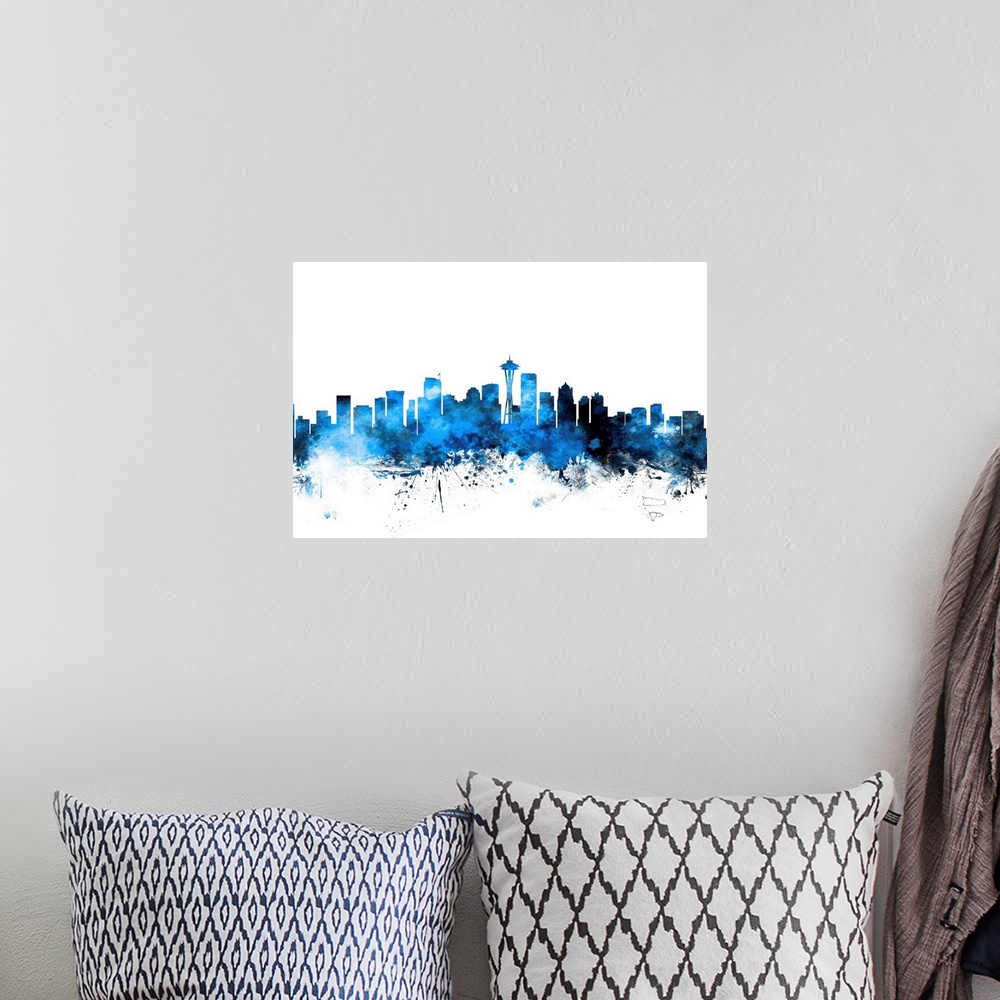 A bohemian room featuring Contemporary piece of artwork of the Seattle skyline made of colorful paint splashes.
