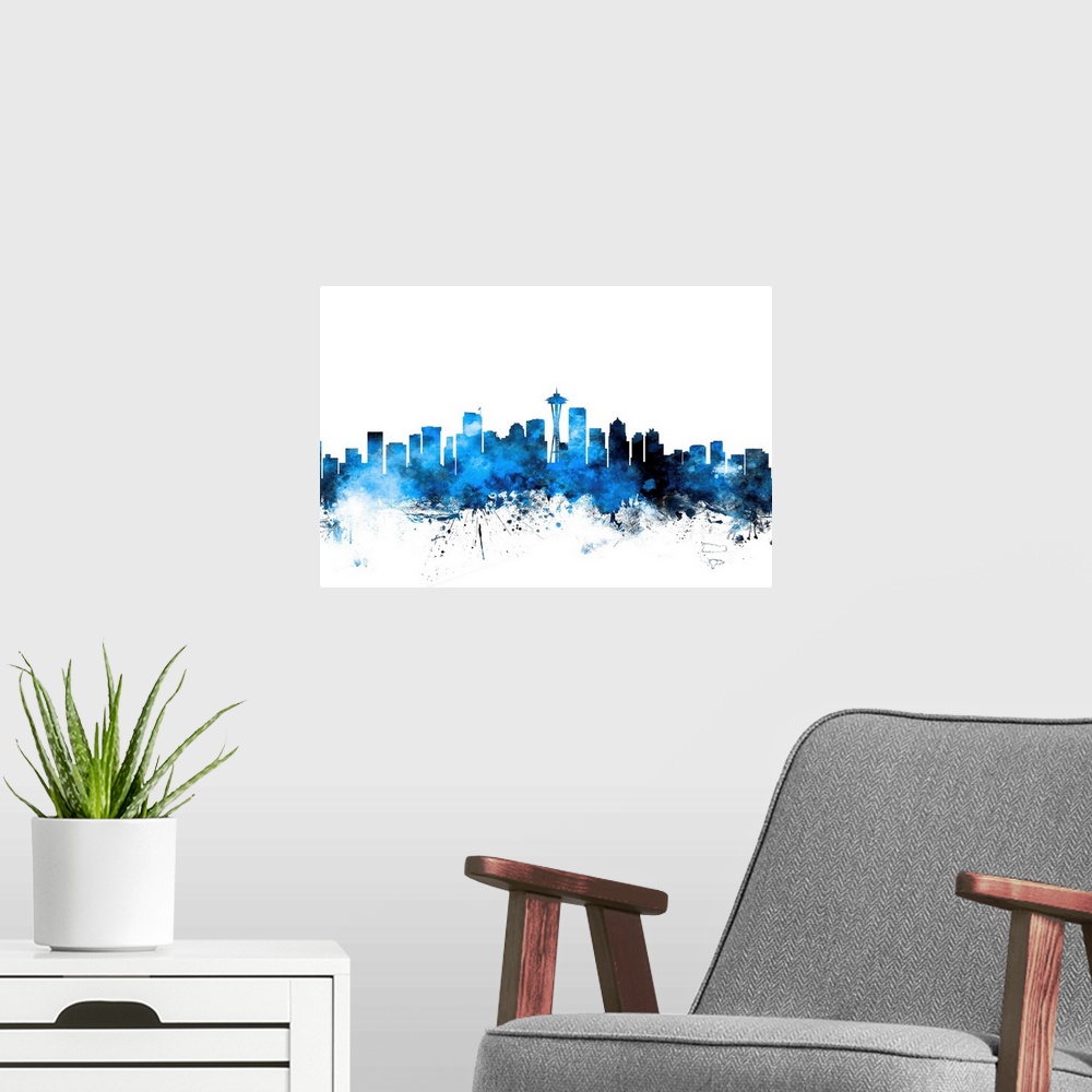 A modern room featuring Contemporary piece of artwork of the Seattle skyline made of colorful paint splashes.