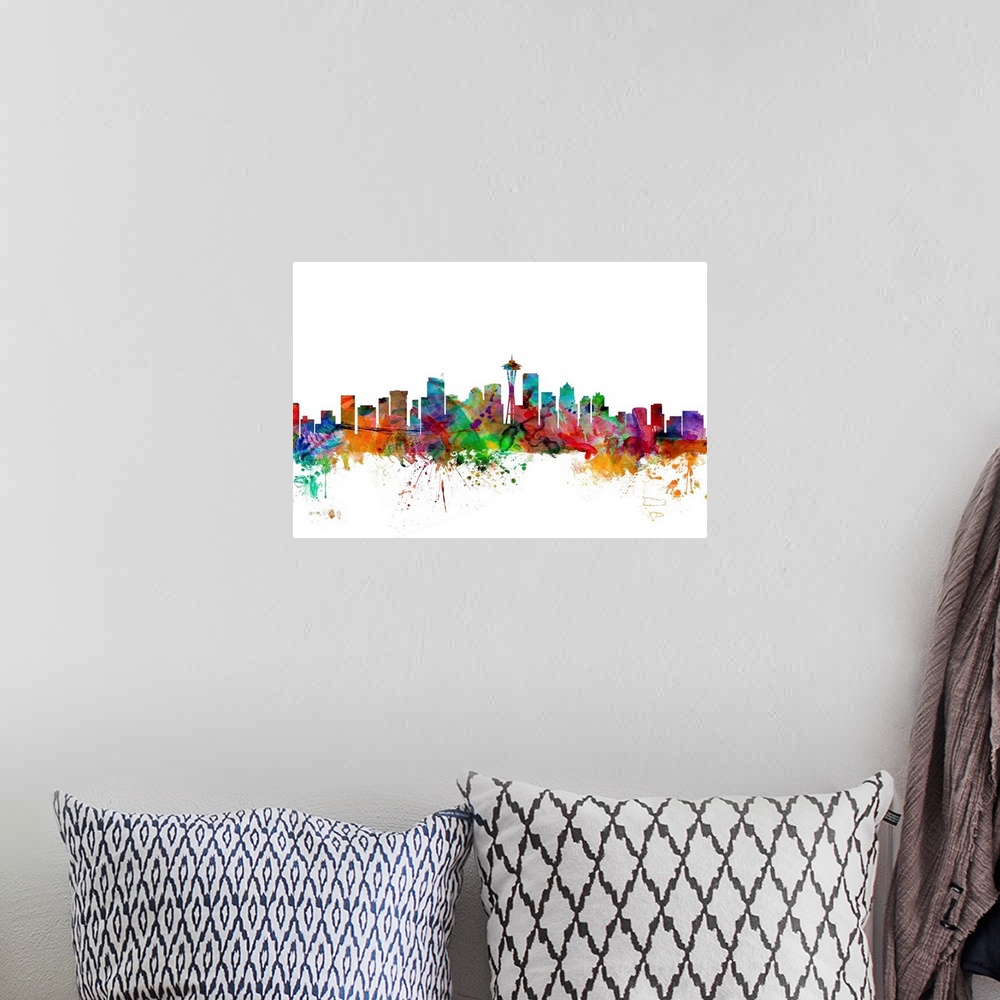 A bohemian room featuring Watercolor artwork of the Seattle skyline against a white background.