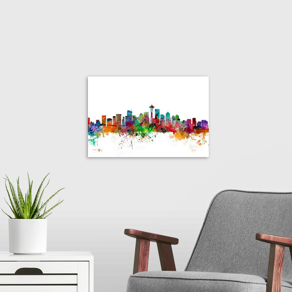 A modern room featuring Watercolor artwork of the Seattle skyline against a white background.