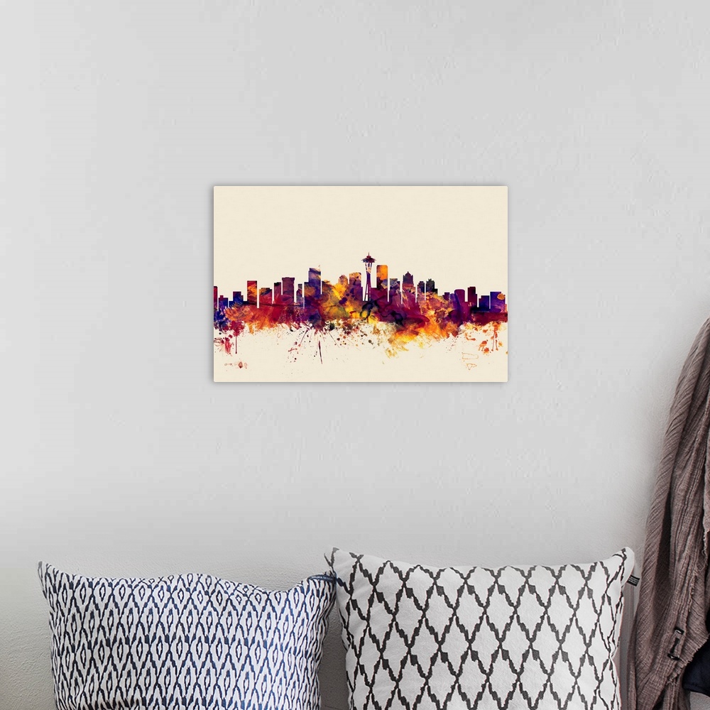 A bohemian room featuring Watercolor artwork of the Seattle skyline against a beige background.