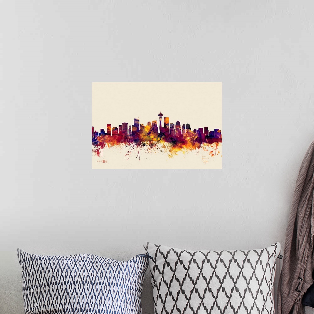 A bohemian room featuring Watercolor artwork of the Seattle skyline against a beige background.