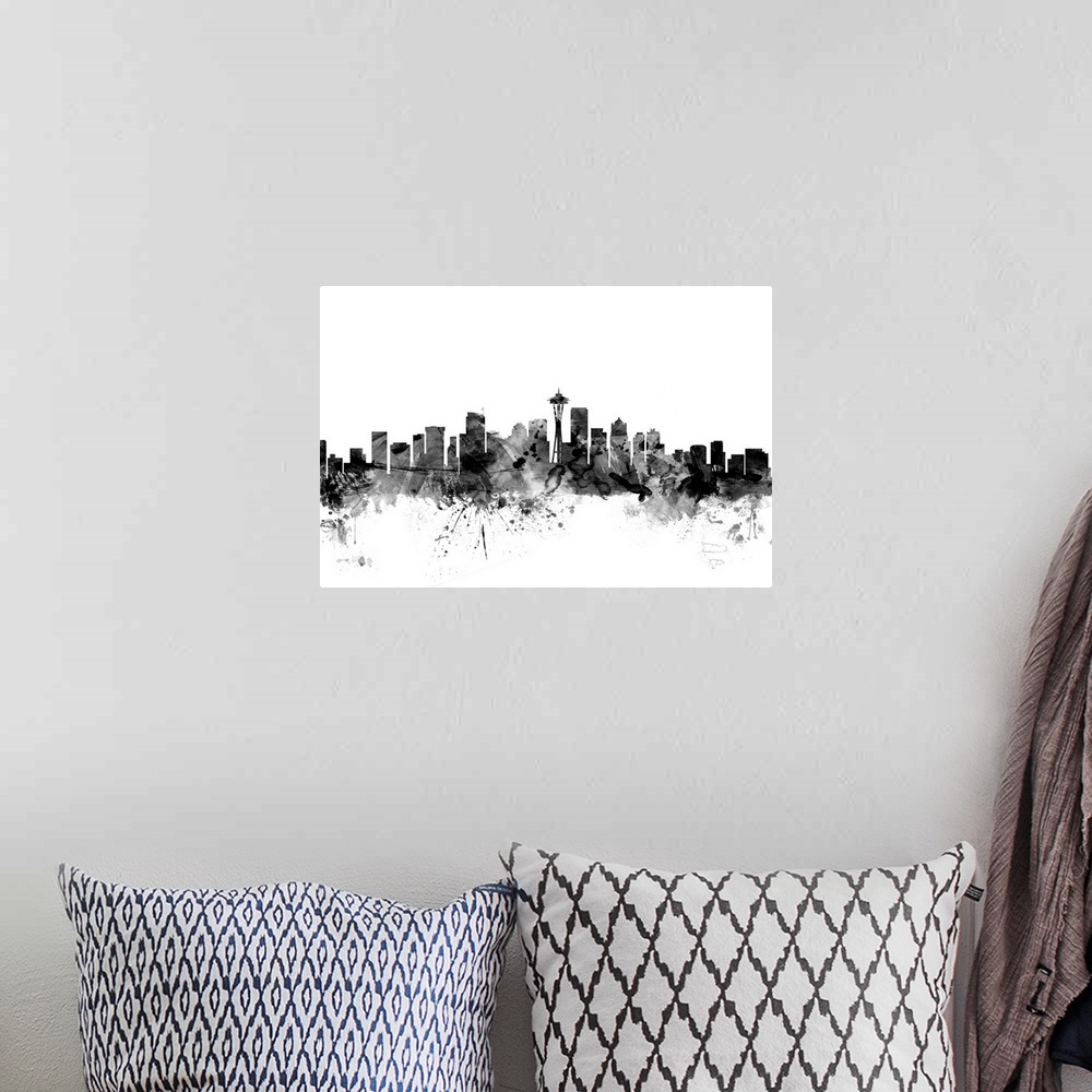 A bohemian room featuring Contemporary artwork of the Seattle city skyline in black watercolor paint splashes.