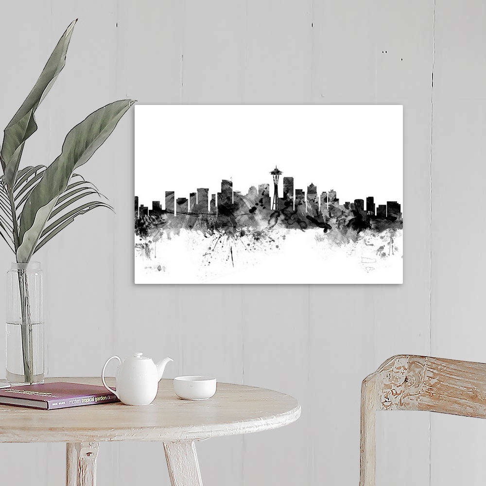 A farmhouse room featuring Contemporary artwork of the Seattle city skyline in black watercolor paint splashes.