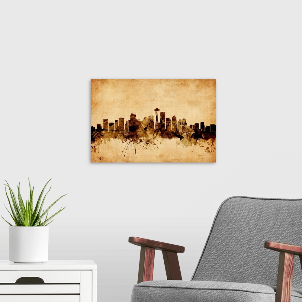 A modern room featuring Contemporary artwork of the Seattle city skyline in a vintage distressed look.