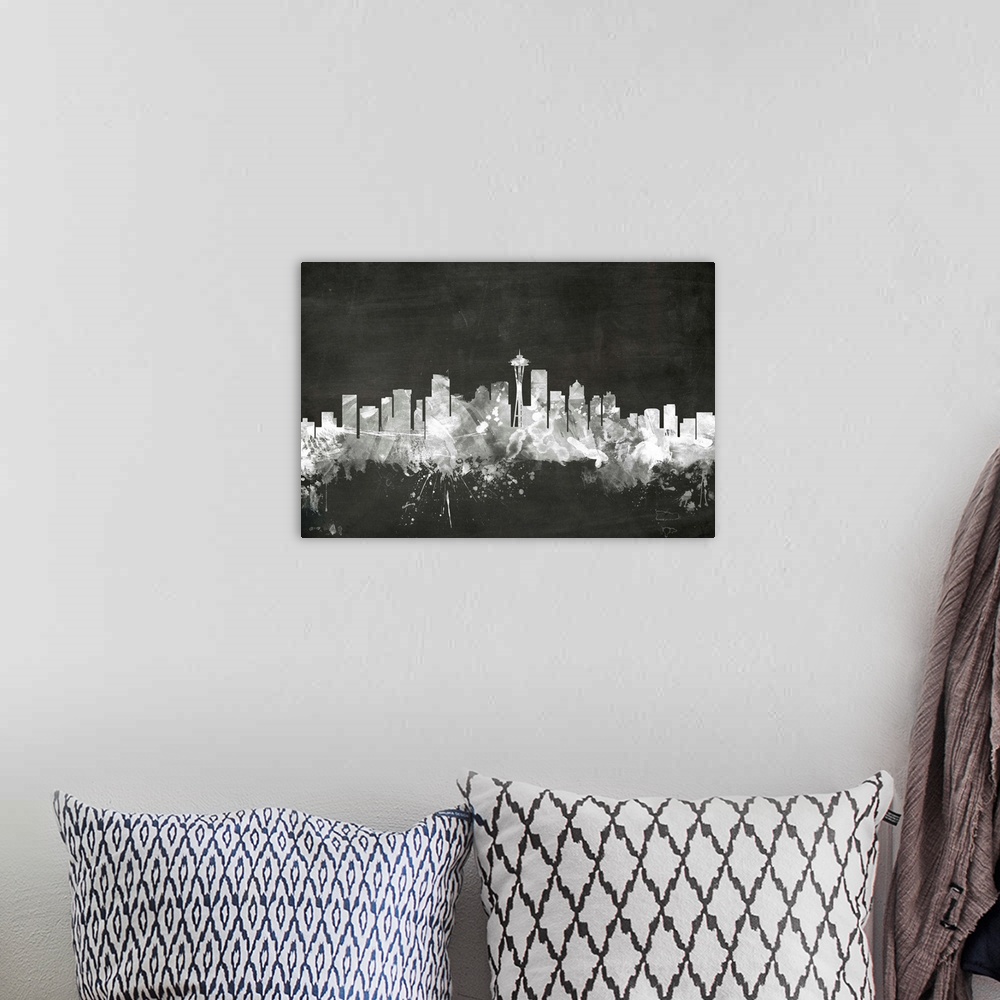 A bohemian room featuring Smokey dark watercolor silhouette of the Seattle city skyline against chalkboard background.